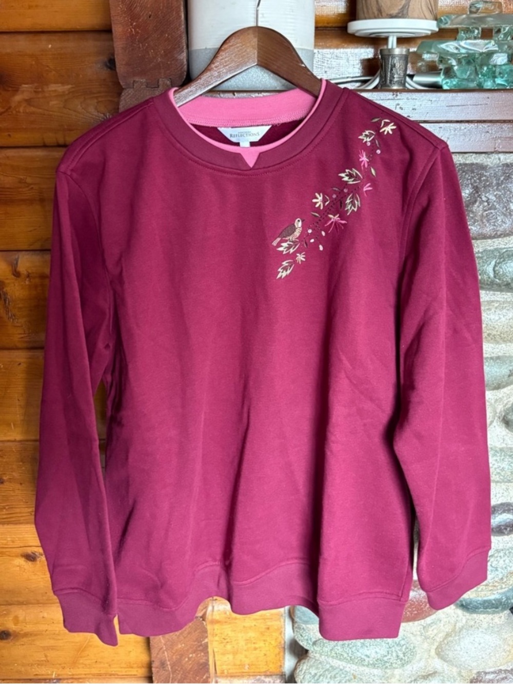 Northern Reflections Bird Embroidered Fleece Sweatshirt Cottagecore Berry Pink L